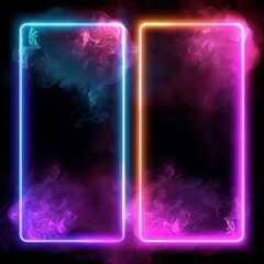 a colorful neon light rectangular two frame with smoke on black background