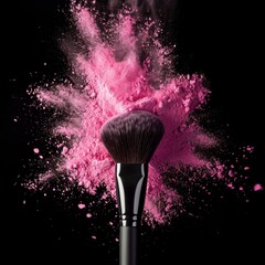 a black Make-up brush with pink powder explosion on black background