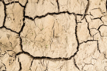 Top view of dry soil with cracks and fissures, climate change or global warming concept background, natural backdrop