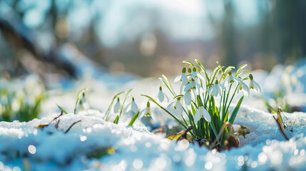 Natural spring background with delicate snowdrop flowers on snowy forest glade