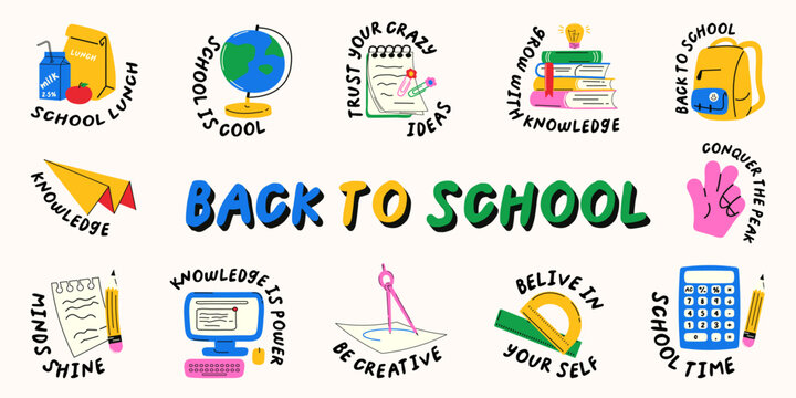 A set of school themed design elements with various phrases in a flat minimalistic style. Hand drawn vector illustration. Design template, distorted text.
