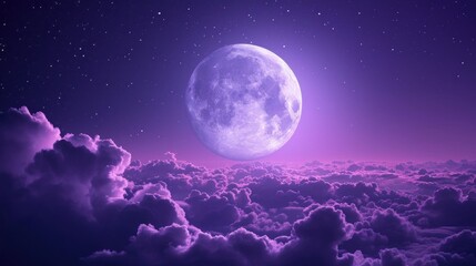 purple view of glowing moon with clouds in starry sky