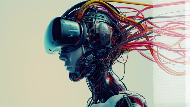 Beautiful technology female robot cyborg with Vr headset made with AI
