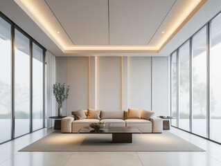Naklejka na ściany i meble Contemporary Living Room with Large Windows and Elegant Furniture