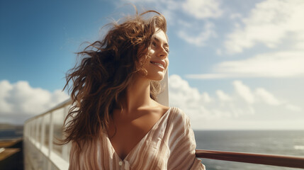 Woman looking at the sea. Model close to the sea in a sunny day