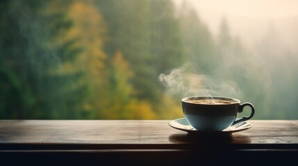 A cozy scene of a teacup on a window sill, with a soft focus on a misty forest landscape outside - obrazy, fototapety, plakaty