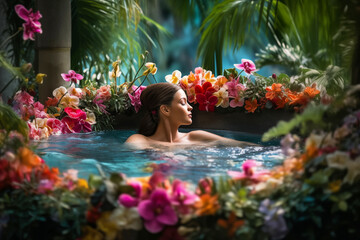 Tranquil Floral Bath Retreat. Woman relaxing in outdoor bath surrounded by vibrant tropical flowers