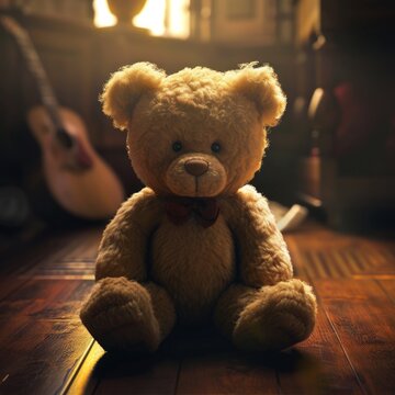 a cute brown teddy bear on wooden surface