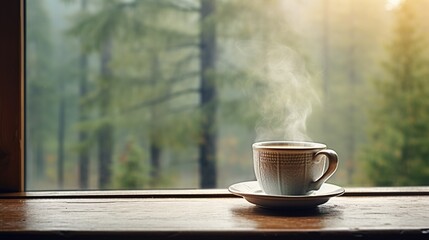 Naklejka na ściany i meble A cozy scene of a teacup on a window sill, with a soft focus on a misty forest landscape outside