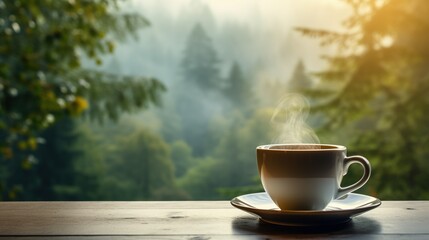 A cozy scene of a teacup on a window sill, with a soft focus on a misty forest landscape outside - obrazy, fototapety, plakaty