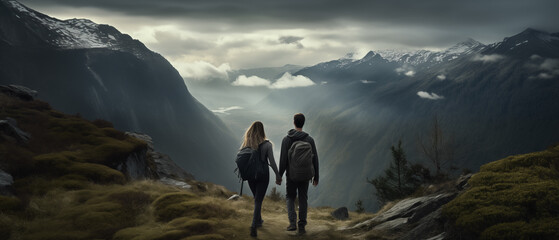 Couple in a hike at the mountains. Foggy landscape. Cold environment