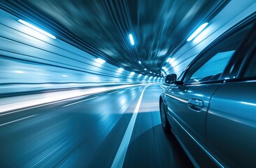 Car with high speed rides through tunnel with blurred image, side view of car, 3d rendering illustration Generative AI