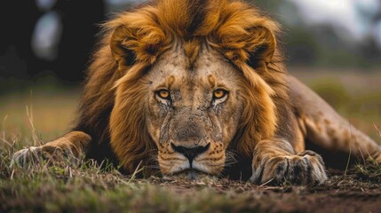 close up shot of a lion lying on the grass