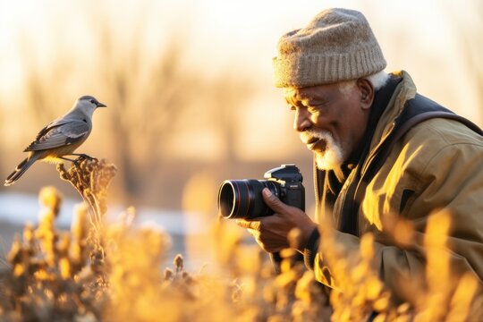 An african american male senior photographing birds, soft morning light