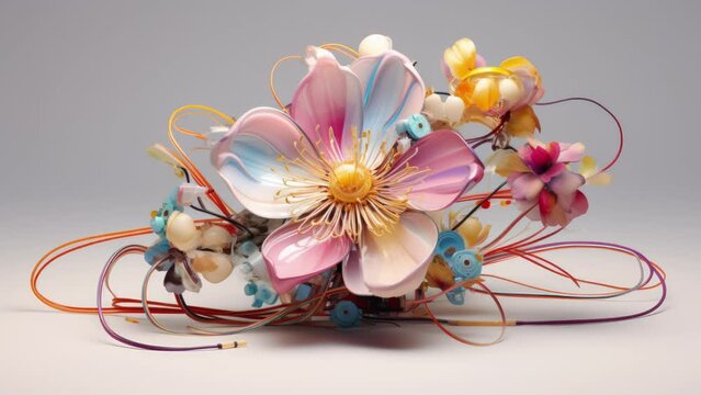 strange and alien flowers with wires and cables coming out 