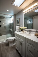 Fototapeta na wymiar Modern bathroom with white vanity, gray tile shower, and large mirrors
