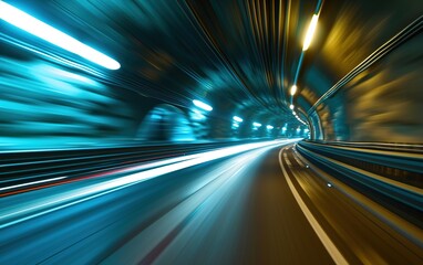 Fototapeta na wymiar Highway speed tunnel motion blur with stripes of light, high speed motion background, illustration Generative AI