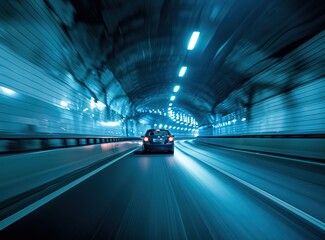 Car driving at high speed through tunnel with lighting, rear view of car, 3D rendering illustration Generative AI