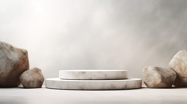 light gray background with a podium made of natural granite for product demonstration, granite podium, abstract minimalism concept