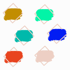 set of labels. Set of six colored vector blots in square frames. Stains of gold, green, sea, blue, brick and beige. Stickers for diaries, backgrounds for inscriptions.
