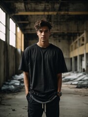 Fototapeta premium editorial style photograph of a model wearing an oversized blank black vintage distressed faded t-shirt in an old abandoned urban warehouse, shot on film, 16mm, grain, noise, photography, depth of fie