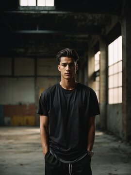 editorial style photograph of a model wearing an oversized blank black vintage distressed faded t-shirt in an old abandoned urban warehouse, shot on film, 16mm, grain, noise, photography, depth of fie