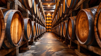 Whiskey bourbon scotch wine barrels in an aging facility - obrazy, fototapety, plakaty