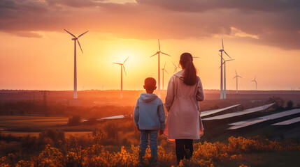 Family, children, on the background of windmills and solar panels outdoors