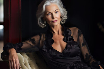 Naklejka premium Elegant senior gray-haired woman in luxury black dress. Beautiful attractive elderly female