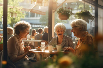Fototapeta na wymiar Senior old women friends meeting, gathering in cafe for chatting, gossips and coffee, breakfast