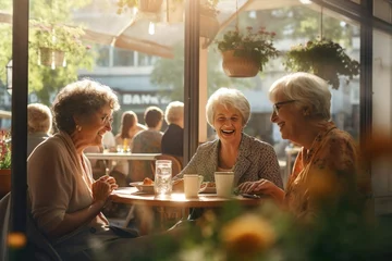 Fotobehang Senior old women friends meeting, gathering in cafe for chatting, gossips and coffee, breakfast © valiantsin