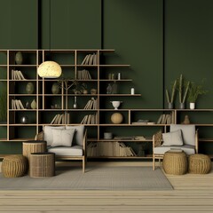 A living room with a dark green wall and a wooden bookshelf