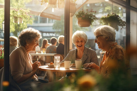 Senior old women friends meeting, gathering in cafe for chatting, gossips and coffee, breakfast