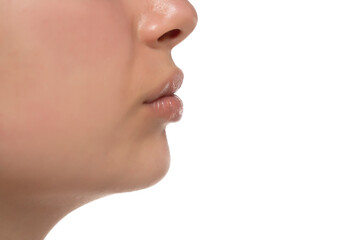 Closeup nose , mouth and cheek of a young woman on a white background