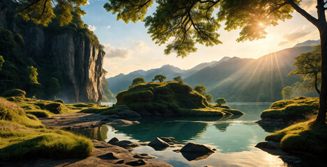 Beautiful fairytale landscape. Mountain Lake. Rocks in the haze. High mountains in the background.