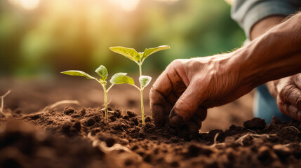 Man planting a small green plant sprout in the ground - obrazy, fototapety, plakaty