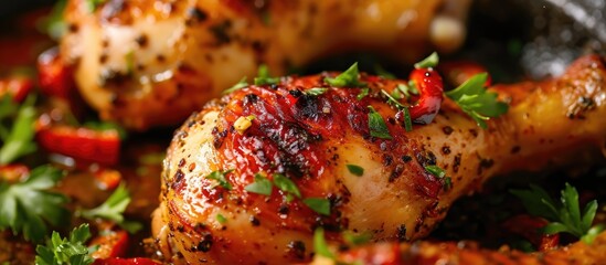 Close-up of chicken leg with roasted habanero peppers, garlic, and fresh herbs.