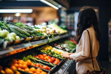 A woman is looking for organic vegetable in the shelf at supermarket. Local fresh vegetable is good for healthy people. woman chooses fruits and vegetables in the grocery store