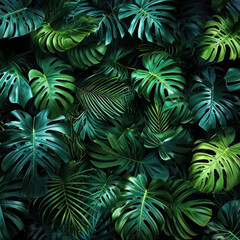 background of intertwined leaves of lianas, monstera and palm leaves, decoration of spaces in offices and idea for wallpaper