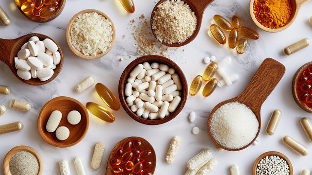 Dietary supplements for health and beauty,  in pill and powder forms, vitamins, collagen, biotin