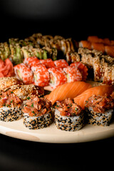 Side view of set of sushi rolls, focus on rolls sprinkled with black and white sesame seeds with fish filling on top
