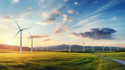 Wind turbines generate clean energy against a blue sky, demonstrating sustainable energy sources