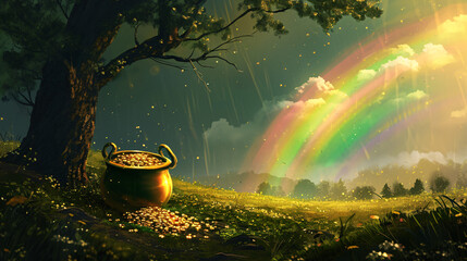 Irish Legend of rainbow and a leprechaun's pot of gold - obrazy, fototapety, plakaty