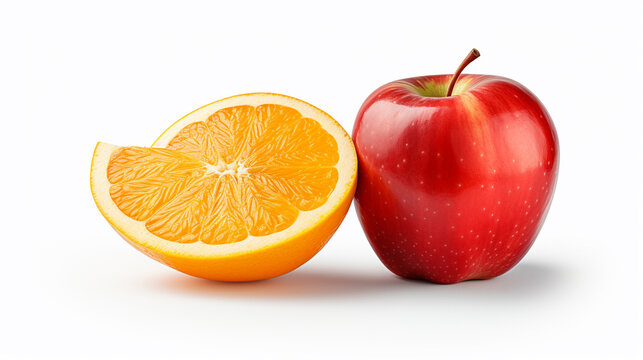 Isolated fruit. Cut red apple and orange fruit isolated on white background with clipping path , Generate AI