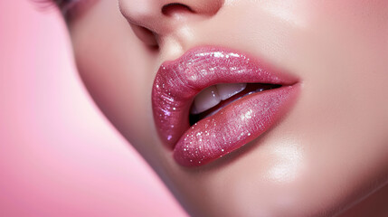 Close-up of beautiful lips with light pink lipstick - obrazy, fototapety, plakaty