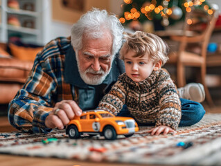 Caucasian grandpa and grandson playing at home on the carpet with a toy car. Family relationship between grandfather and grandson.