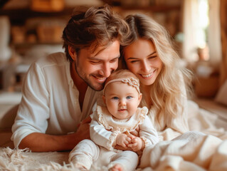 Smiling happy Caucasian young couple of parents lying together with baby, little daughter on blanket