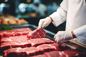 Butcher Preparing Premium Steaks. Precision in Meat Selection Concept