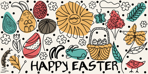 Colorful Doodle set Happy Easter with text and black dots. Editable stroke. Vector hand drawn illustration done in black, yellow, blue, brown and red colors. Isolated on white background	
