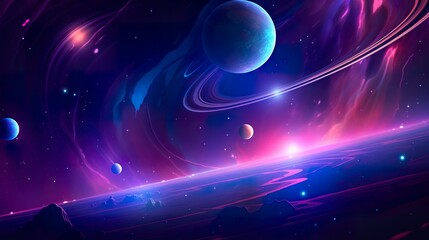 Obraz premium colorful illustration of cosmos with planets, stars and nebulas, in style of purple and blue, cartoon astronomy concept, swirl patterns